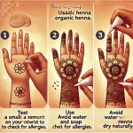 A step-by-step illustration of a woman applying henna safely. The first step shows her testing a small amount on her wrist to check for allergies.